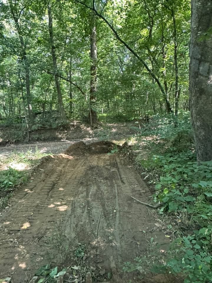 Graded dirt driveway cleared through wooded land in Adrian, Missouri